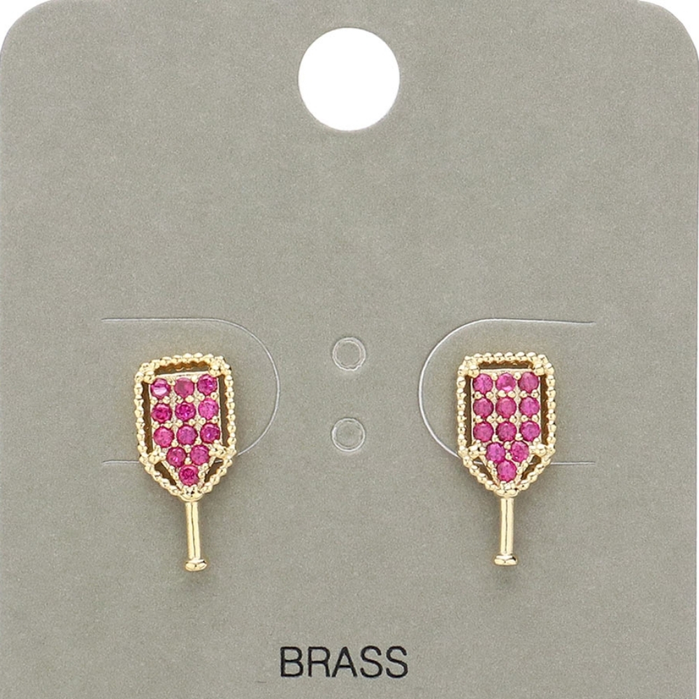 Pink Rhinestone Crystal PickleBall Earrings Trend Outlined Small Stud Paddle